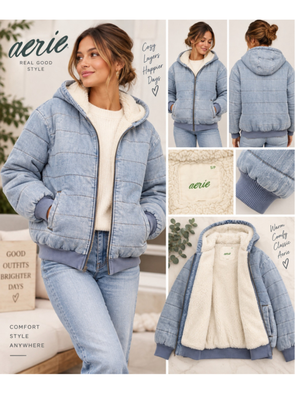 Aerie Sherpa Lined Denim Puffer Hooded Jacket Blue Size S
